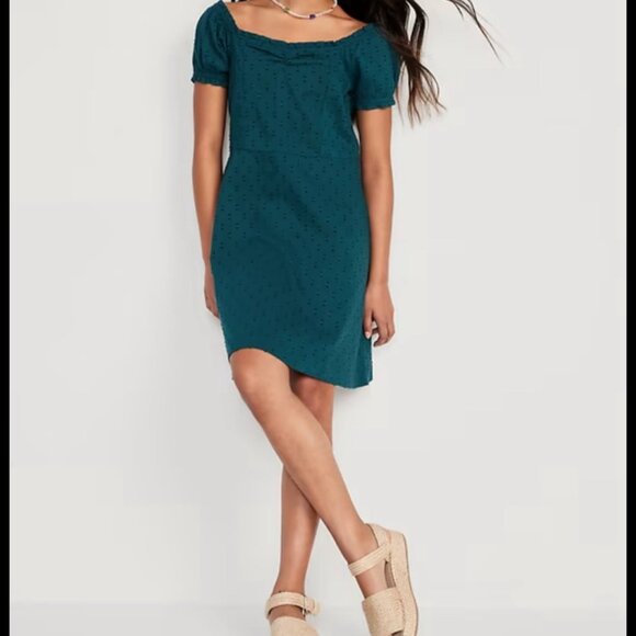 Old Navy Youth Girls Puff Sleeve Clip Dot Fit and Flare Teal Dress Size Medium - Picture 1 of 5